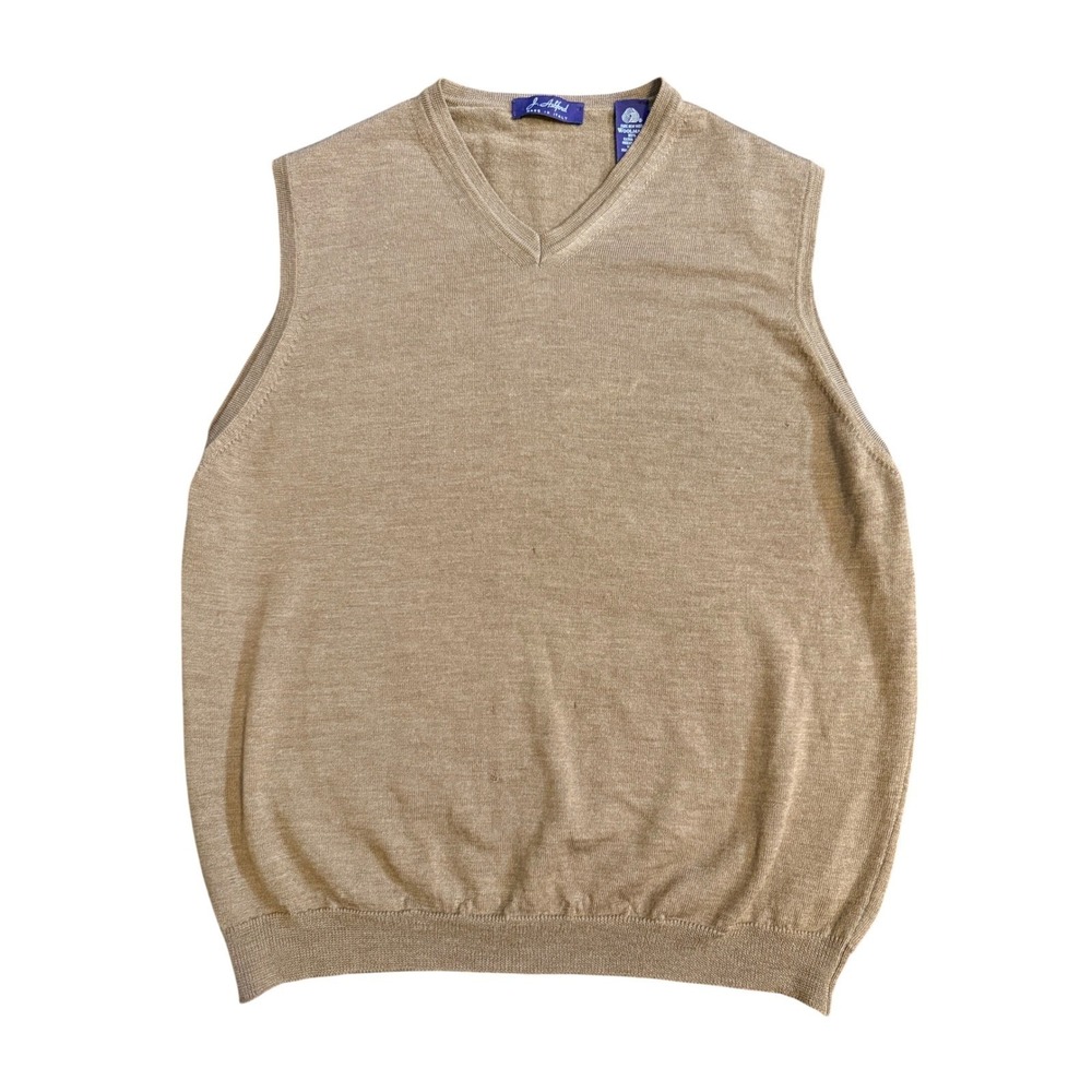 J. Ashford V-Neck Sweater Vest Mens M Tan Extra Fine Merino Wool Made in Italy